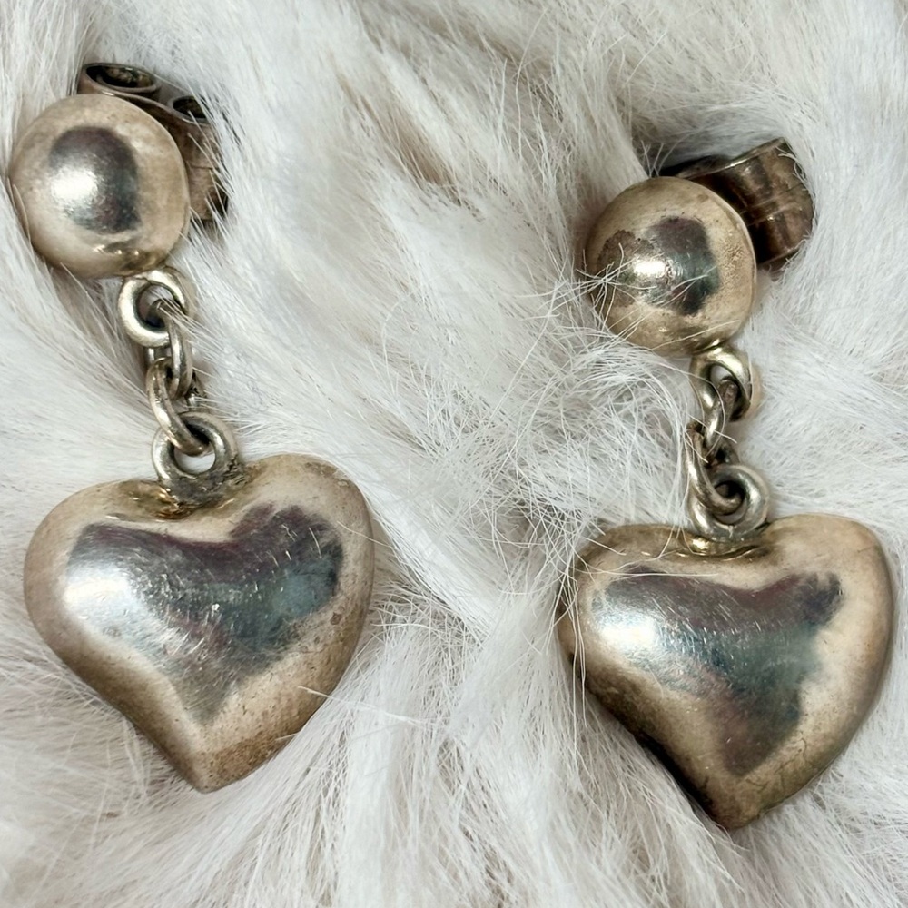Vintage Solid Sterling Silver Puff Heart Earrings - image 3